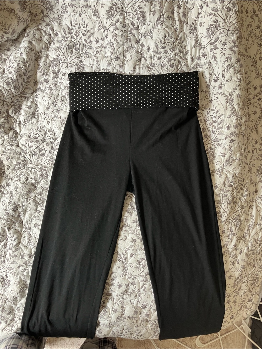 Black Wide-Leg Capris with Polka Dot Fold-Over Waistband